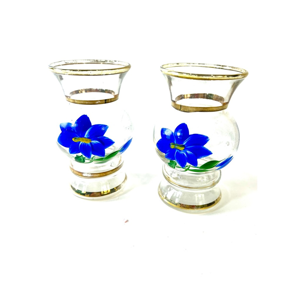 Vintage Hand Painted Blue Flower Glass Bud Vases Gold Trim Set of 2 Pedestal